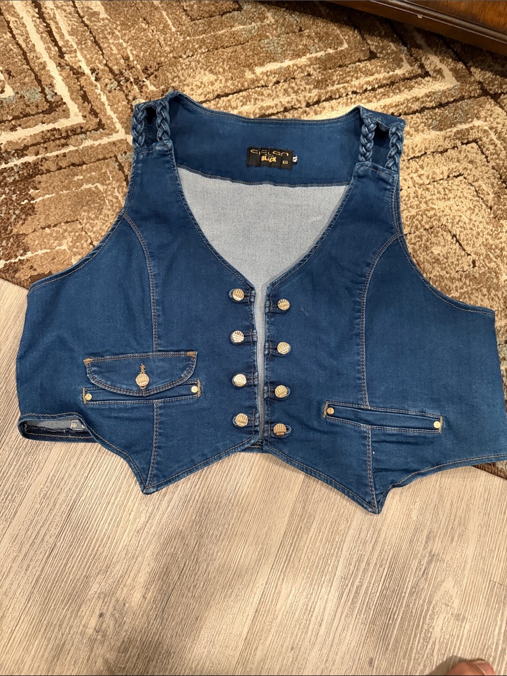 Dark Blue Denim Braided-Shoulder Vest by